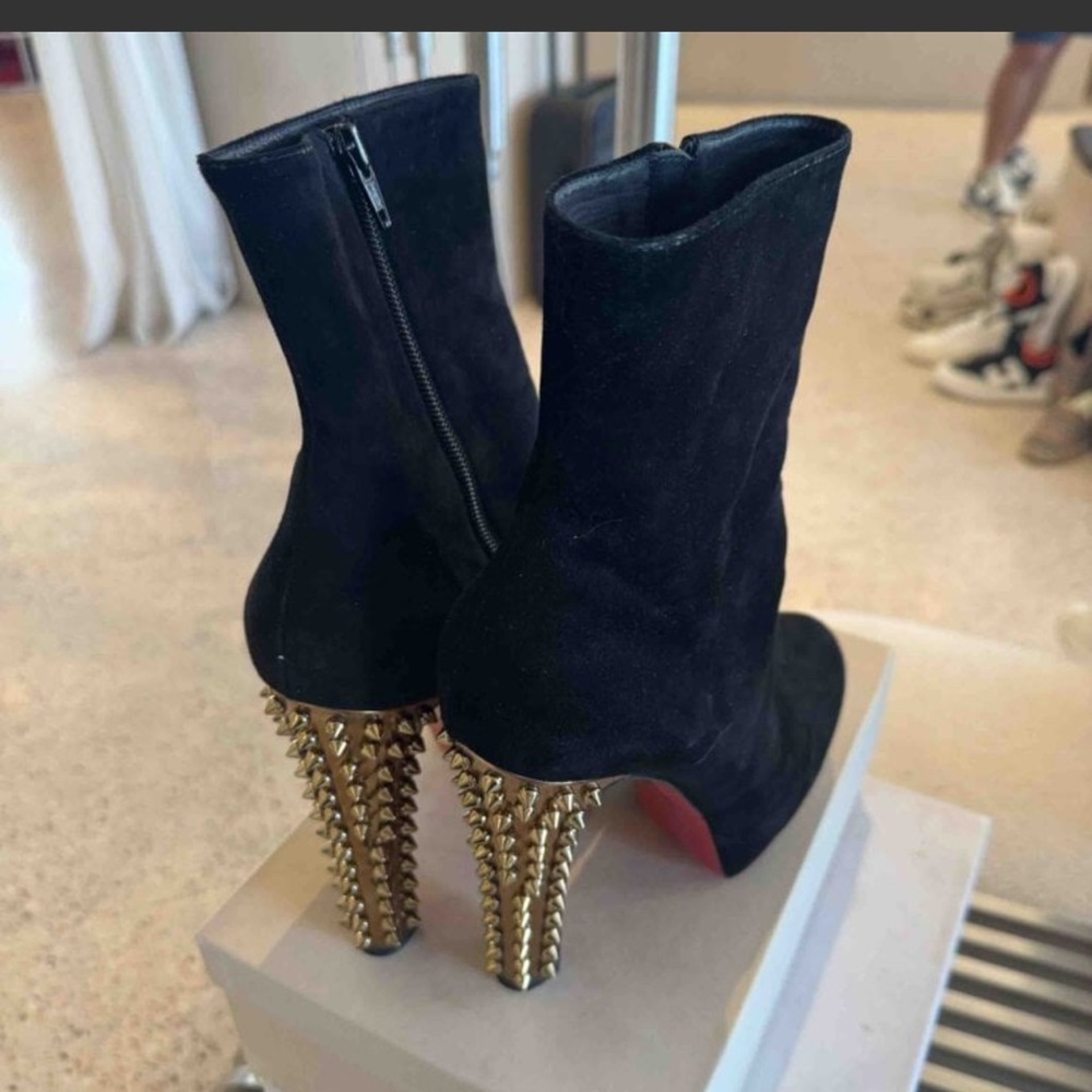 Christian Louboutin Black Suede Boots with Gold Spiked Heels